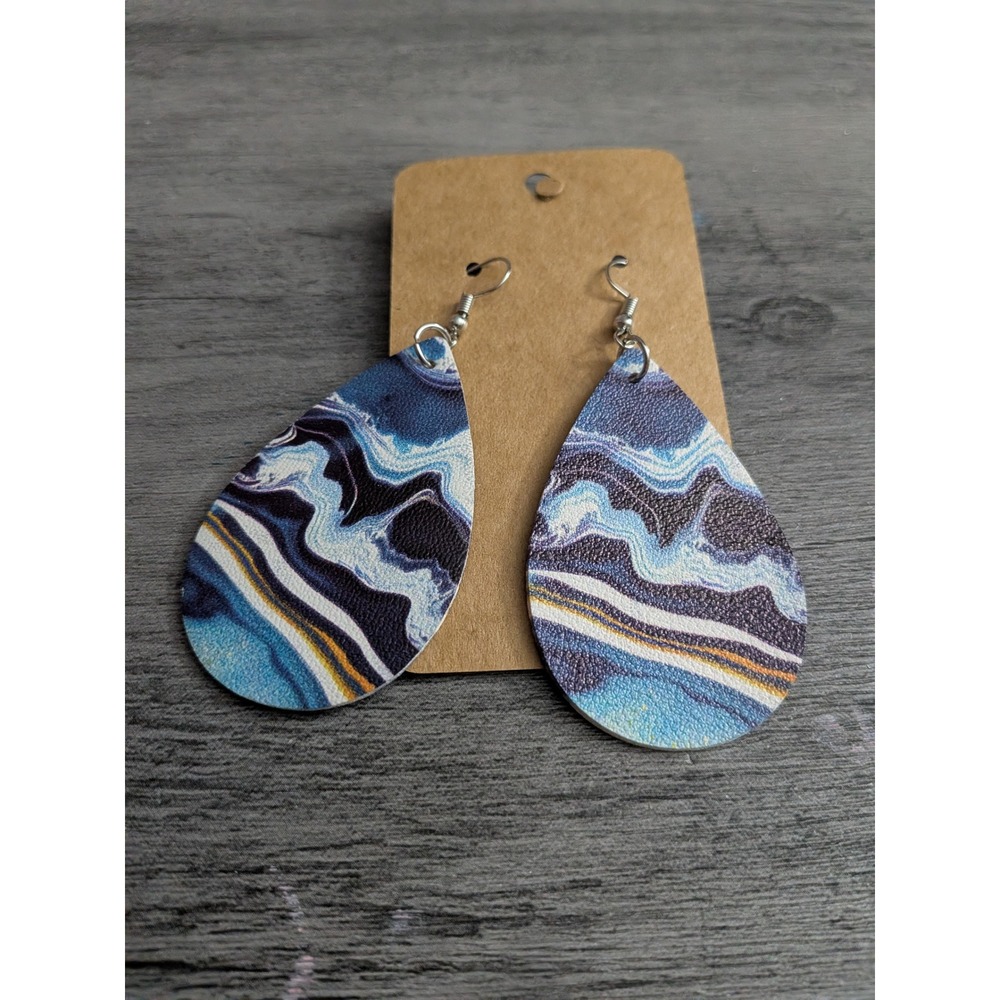 Blue Marble Wave Faux Leather Teardrop Earrings Silver Tone Hooks Boho Modern